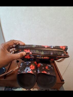Michael Kors Brown Floral Crossbody with Gold Chain/ MK Sandals SZ 9